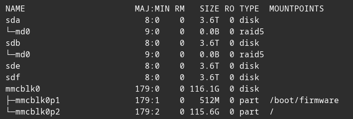 The output of lsblk lists 5 devices: sda, sdb, sde and sdf