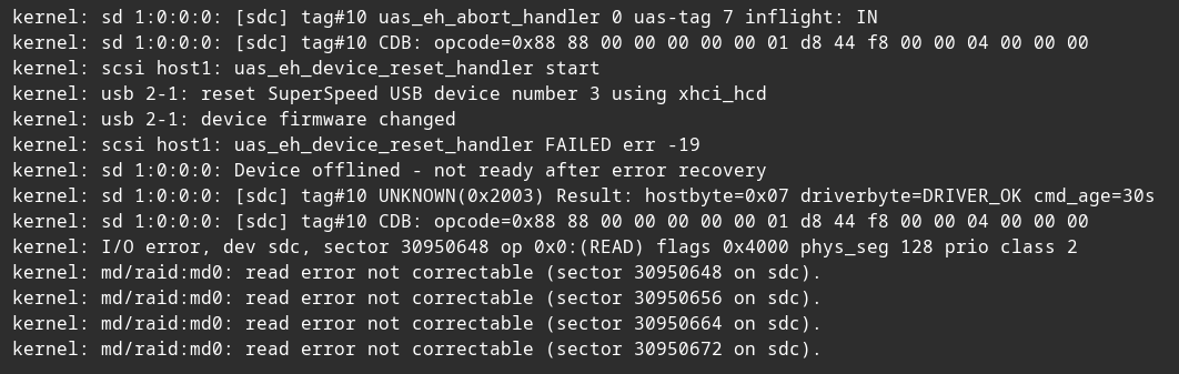 A log file, the first line reads "sd 1:0:0:0 [sdc] uas_eh_abort_handler"